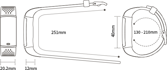 Les dimensions du bracelet à distance sociale W2